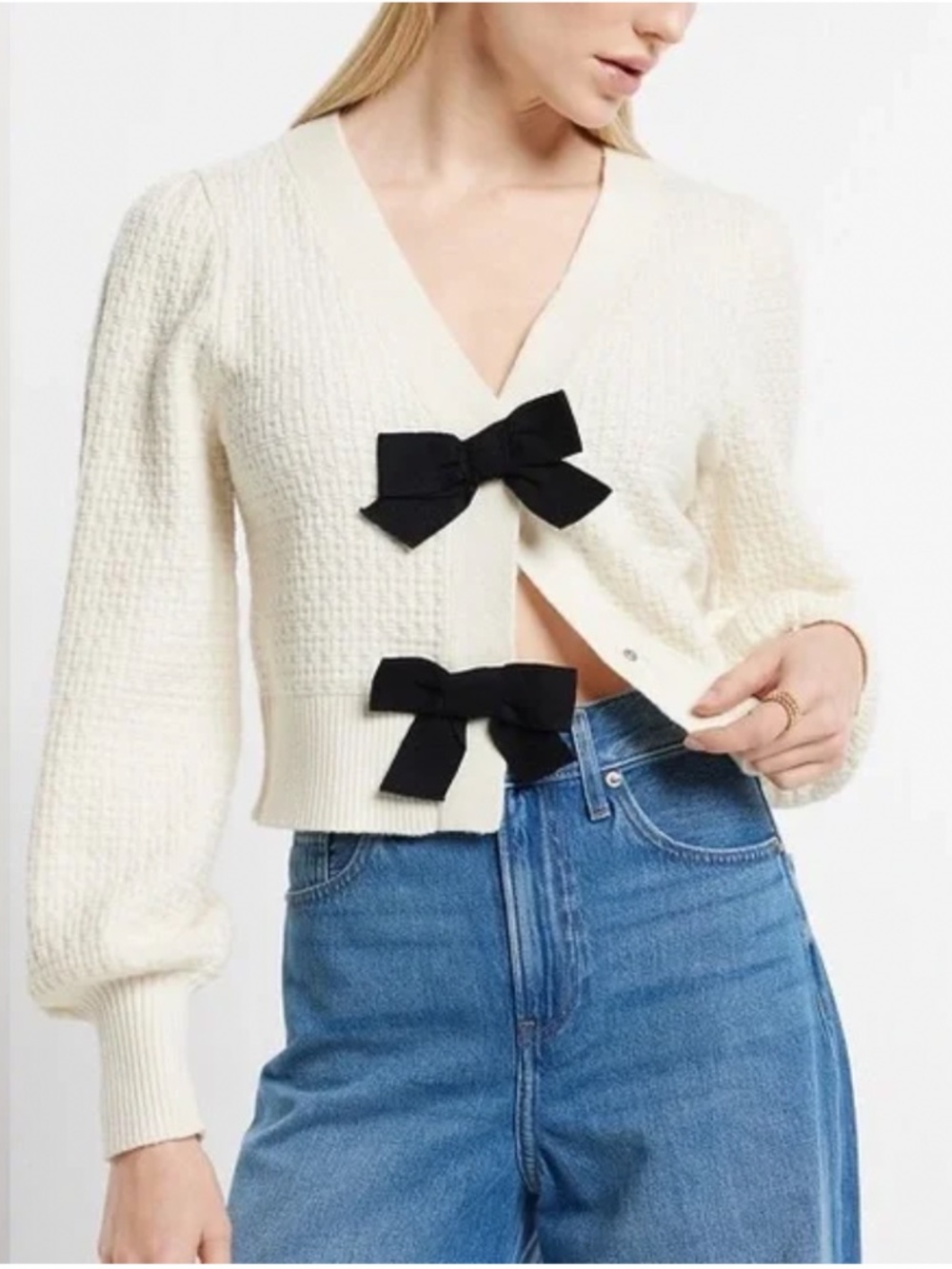 Vici Ivory White Cream Cardigan with Black Bow Details Sz M
